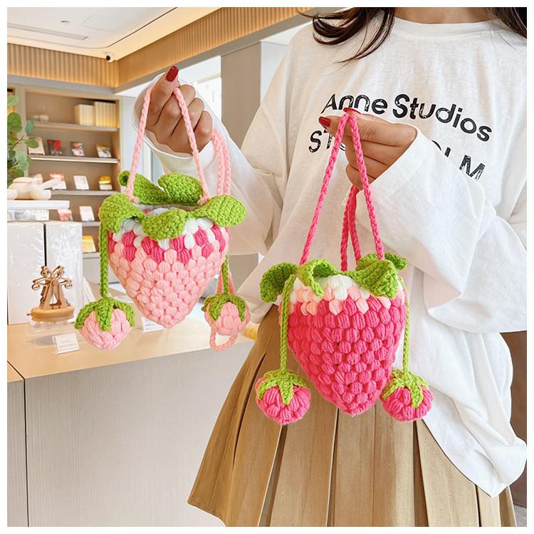 Cute Girl Strawberry Mini Woolen Bag With Snap Closure For Daily Use