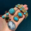 Vintage Blau Naturstein Böhmischer Stil Cameo Schönheitskopf Türkis Schmucksets Für Frau Halskette Und Ohrring Perlen Antik