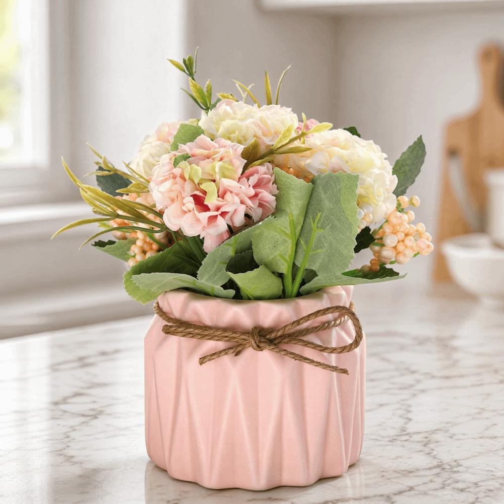 Silk Flower Fabric Flower Ceramic Pot Tabletop Ornament 5.71in Potted Flower Hydrangea Styled Potted Desktop Decor