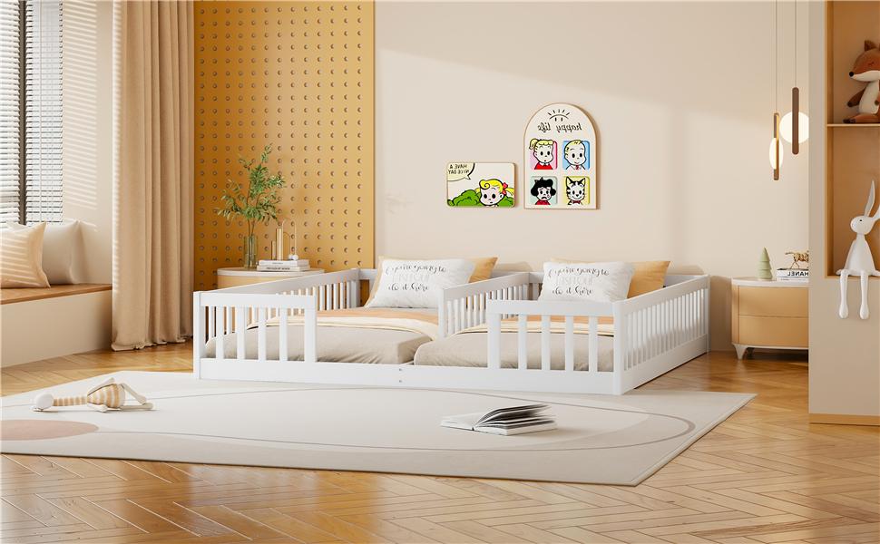 Paneelbett, 90 x 200 cm, Kinderbett mit Rausfallschutz, Ohne Lattenrost (ohne Matratze), für Familien mit zwei Kindern, Kiefernholz, Weiß