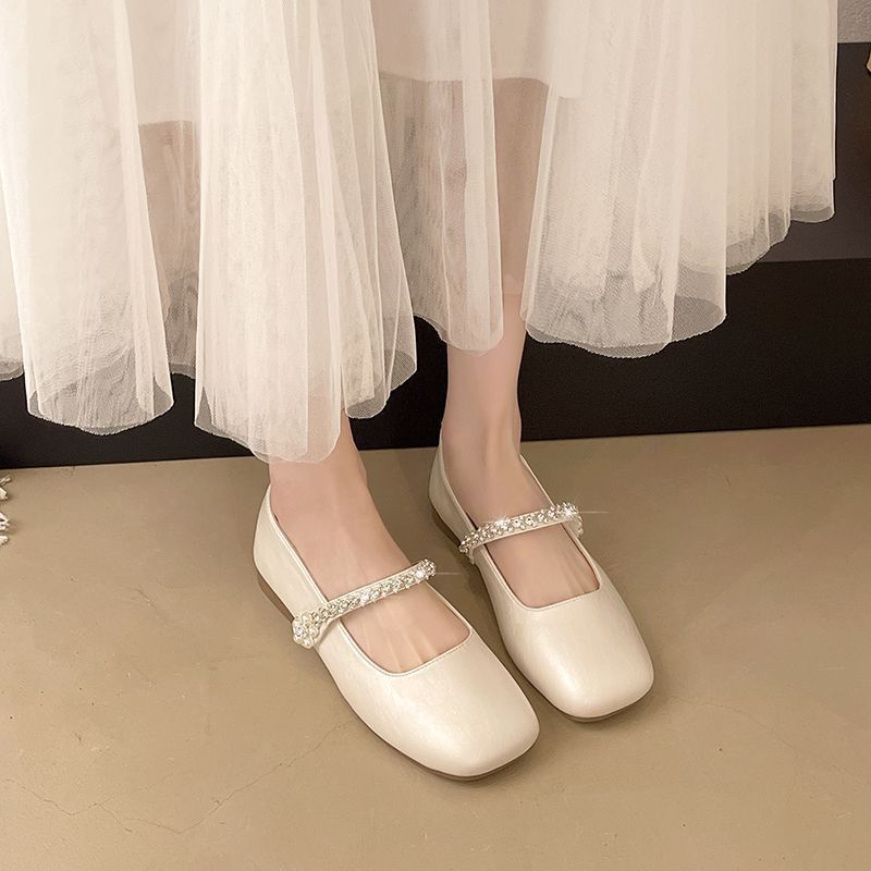 With skirt French flat-soled single shoes women's 2025 summer new temperament square head soft sole rhinestone Velcro Mary Jane shoes