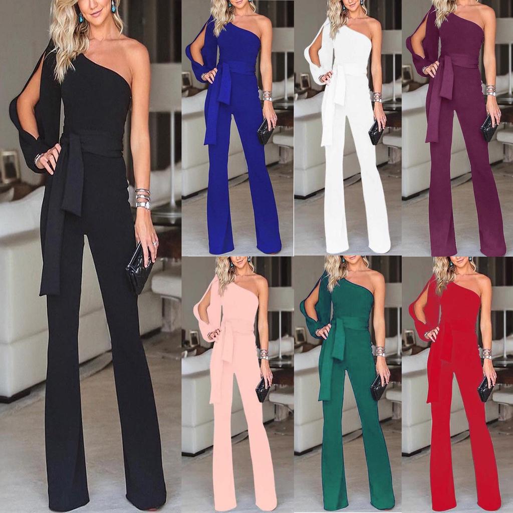 Waist Women Tied Flared Jumpsuits Fashion One Shoulder Sexy Rompers Jumpsuits