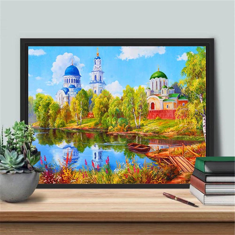5D DIY Diamond Painting Boat River Pictures Of Rhinestones Full Square/Round Diamond Embroidery House Mosaic Craft Kit