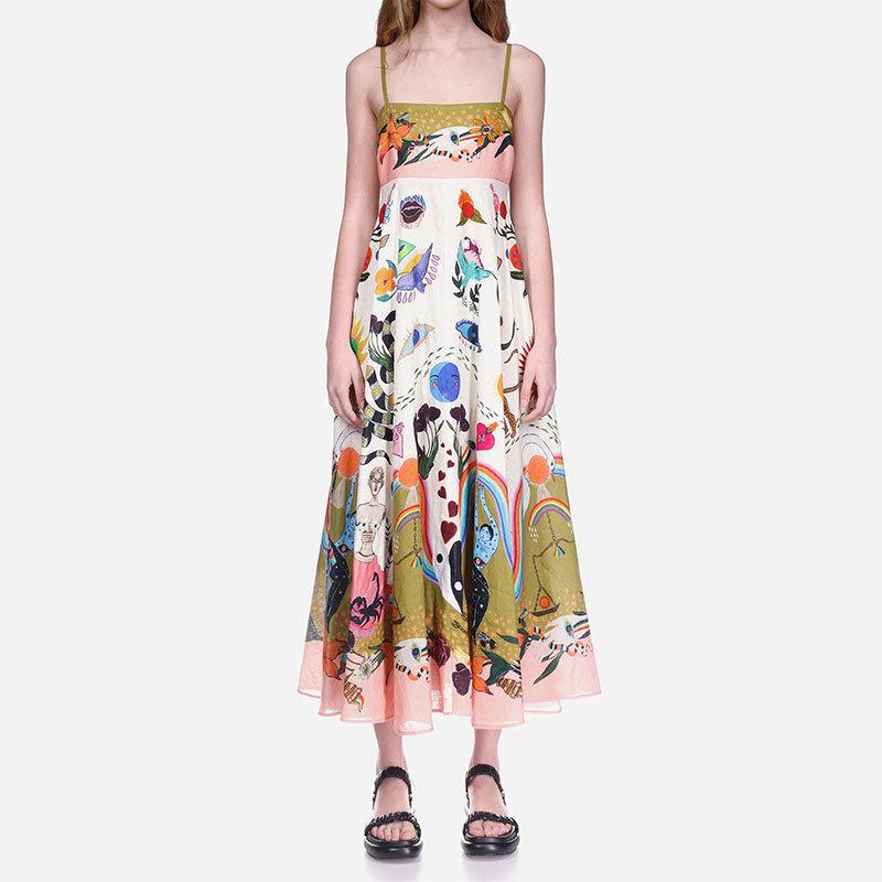 Temperament Fashion European & American Sling Casual Summer Elegant Women's High-Waist Print Dress 2025