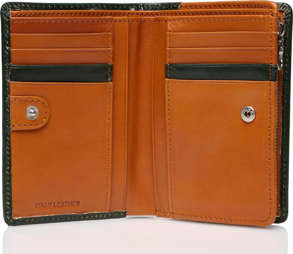 Lee Falcon Large Zippered Bifold Wallet with Double Holds and Electronic Made of Premium Italian Product Green Stitching, Coins, Cards, Bills, Money,