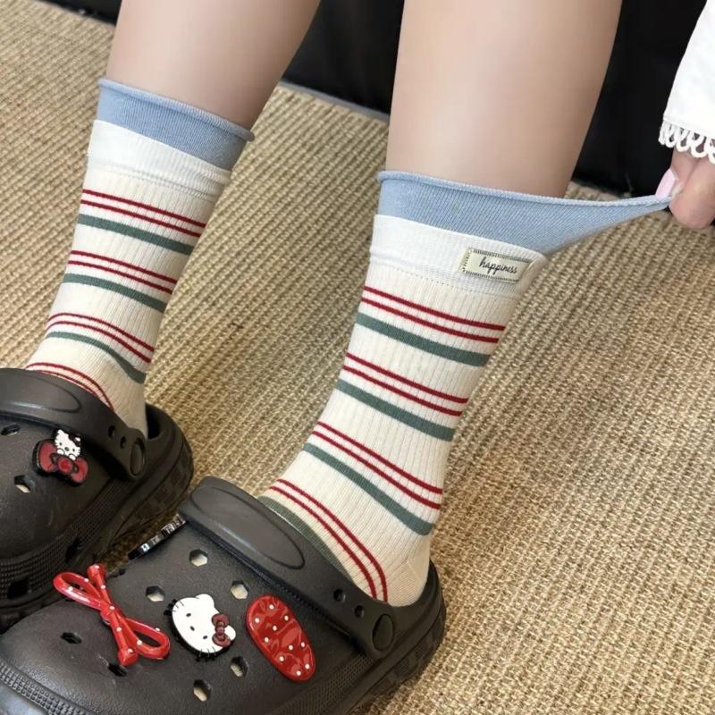 Early Autumn Atmosphere Striped Contrasting Mid Tube Socks Children's Autumn Winter Letter Fabric Label Splicing Stacking Socks