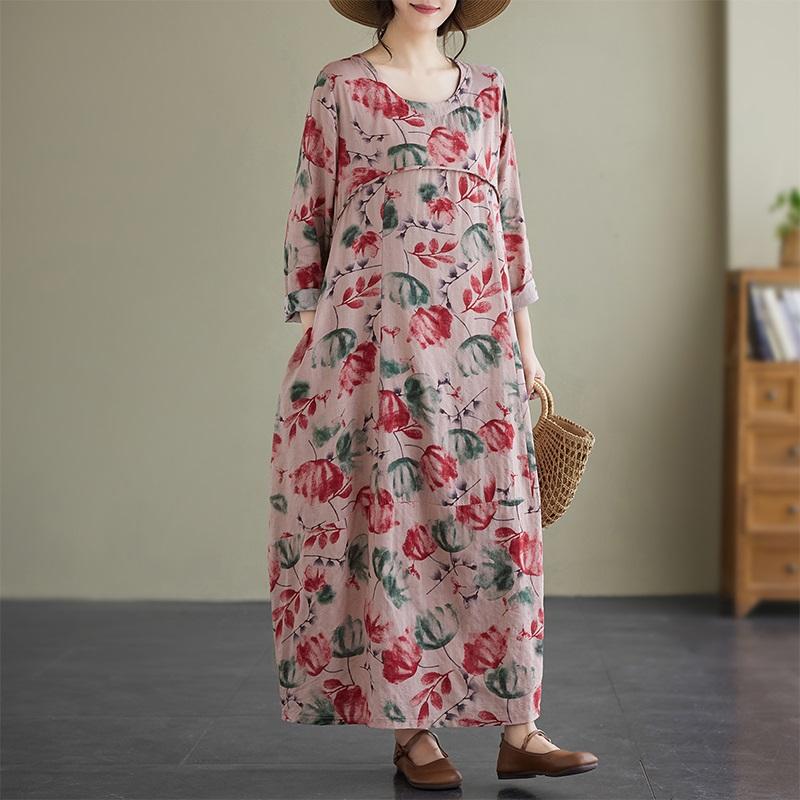 Langermet Plussstørrelse Bomull vintage blomstret ny i kjoler for kvinner avslappet løs vår høst kjole