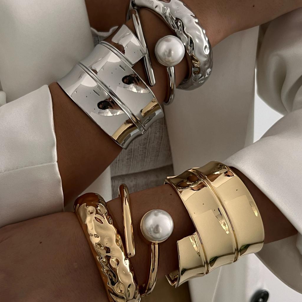 SHIXIN Hip Hop Smooth Gold Color Open Spring Bangles for Women Irregular Geometry Wide Cuff Bracelet Luxury Jewelry Unisex Men