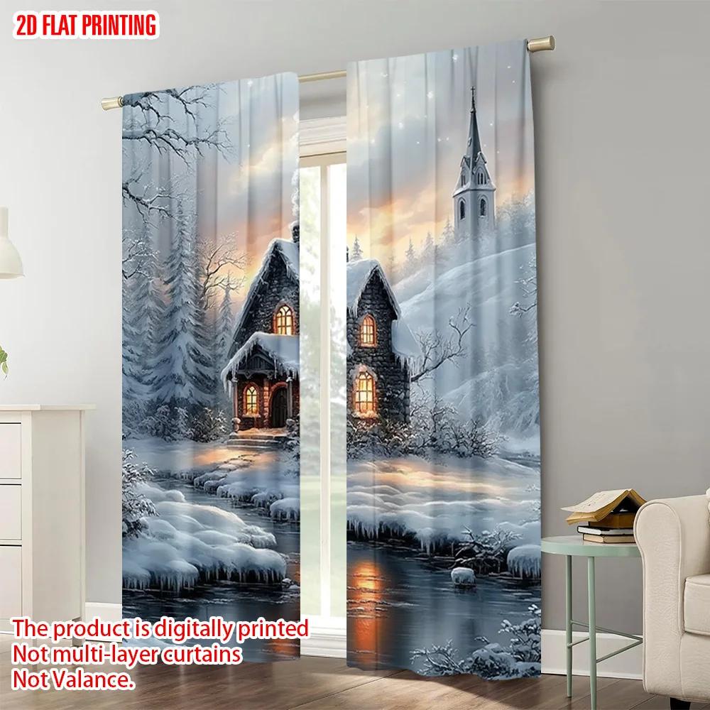 2pcs   plane printing Popular Curtains Snowy Forest Cabin Scenery Durable 100% Polyester Fabric (without rod) Versatile All Use