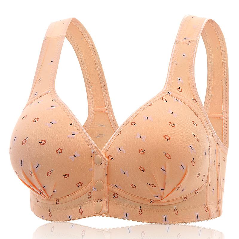 Front Buckle Middle-aged and Elderly Underwear Shaping Cup Printing Without Steel Ring Wide Shoulder Straps Large Size Ladies Tank Top Bra