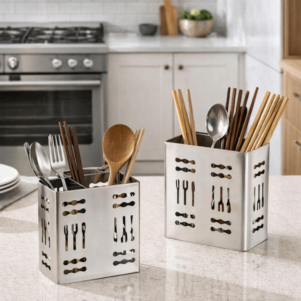 2 Divided Compartments Stainless Steel Chopsticks Rack Wall Mounted Space Saving Chopsticks Storage Basket with Hook Rust-proof