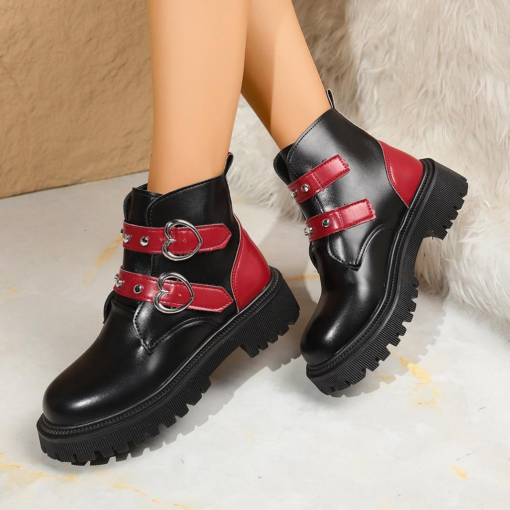 Women'S Mid Heels Boot Round Toe Platform Shoes  New Autumn Winter Fashion Belt Buckle Boots Short Boots For Women Handmade