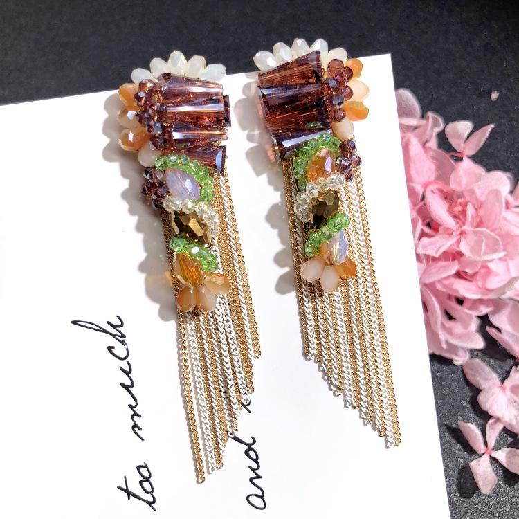 Luxury Retro Handmade Crystal Earrings Femininity Versatile Long Fringed Bride Earrings High-end Ear Jewelry