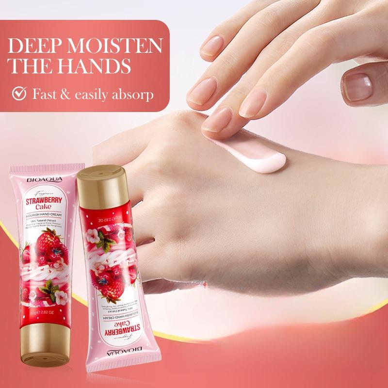 Strawberry Cake Nourishing Hand Cream Deeply Moisturizes and Nourishes The Skin. Targets Dry, Rough, Chapped Hands. Suitable for All Skin Types.