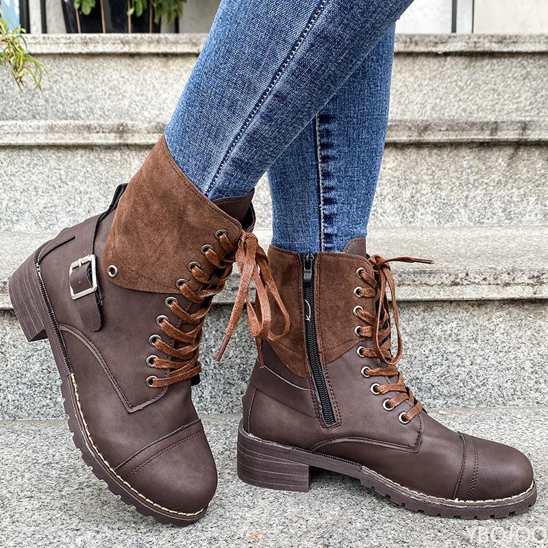 Fashionable Versatile New Spring Autumn Thick Heel Lace Up Women's Shoes Elegant Simple Solid Color Women's Low Cut Boots