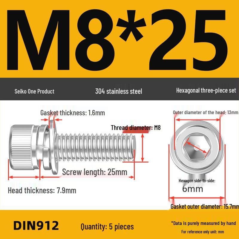 304 Stainless Steel Hex Socket Cap Screw with Washer - Sizes M3, M4, M5, M6, M8, M12