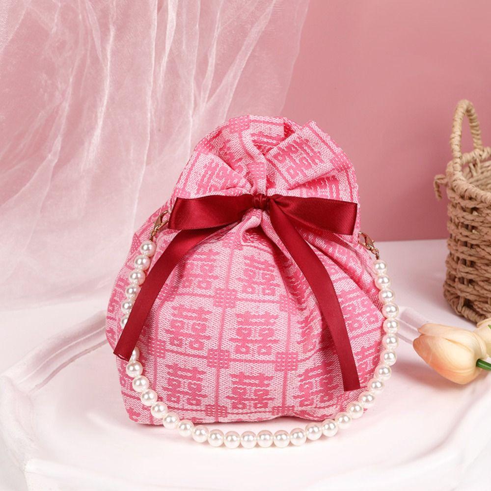 Pearl Handle Wedding Drawstring Bag Satin Bow Letter Flower Tassel Knot Wrist Bag Large Capacity Bucket Bag