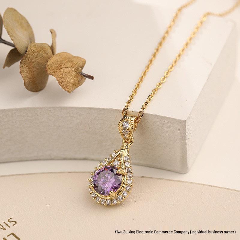 Elegant Violet Water Drop Necklace - Light Luxury, Versatile, High-End Jewelry for Women, Japanese & Korean Style.