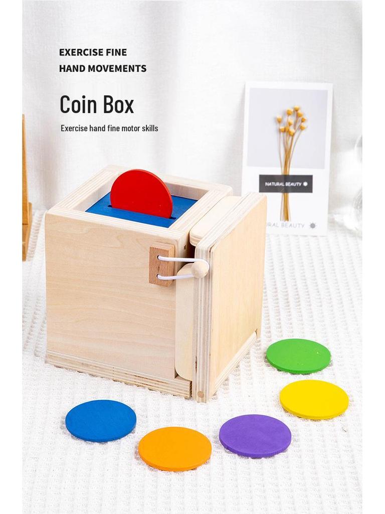 Montessori 4-in-1 Münzbox: Multifunktionaler Steckstab, Zieh-Rettich, Bausteine für die frühe Kindheit und Farbzuordnungs-Intelligenzspielzeug.