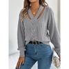 Women's Autumn/Winter Sweatshirt - Casual Openwork V-Neck with Twisted Lantern Sleeves - New Arrival Knitted Jumper