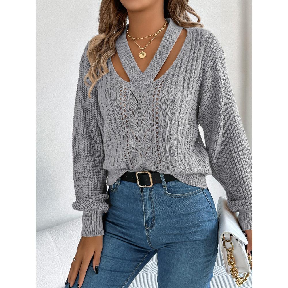 Women's Autumn/Winter Sweatshirt - Casual Openwork V-Neck with Twisted Lantern Sleeves - New Arrival Knitted Jumper