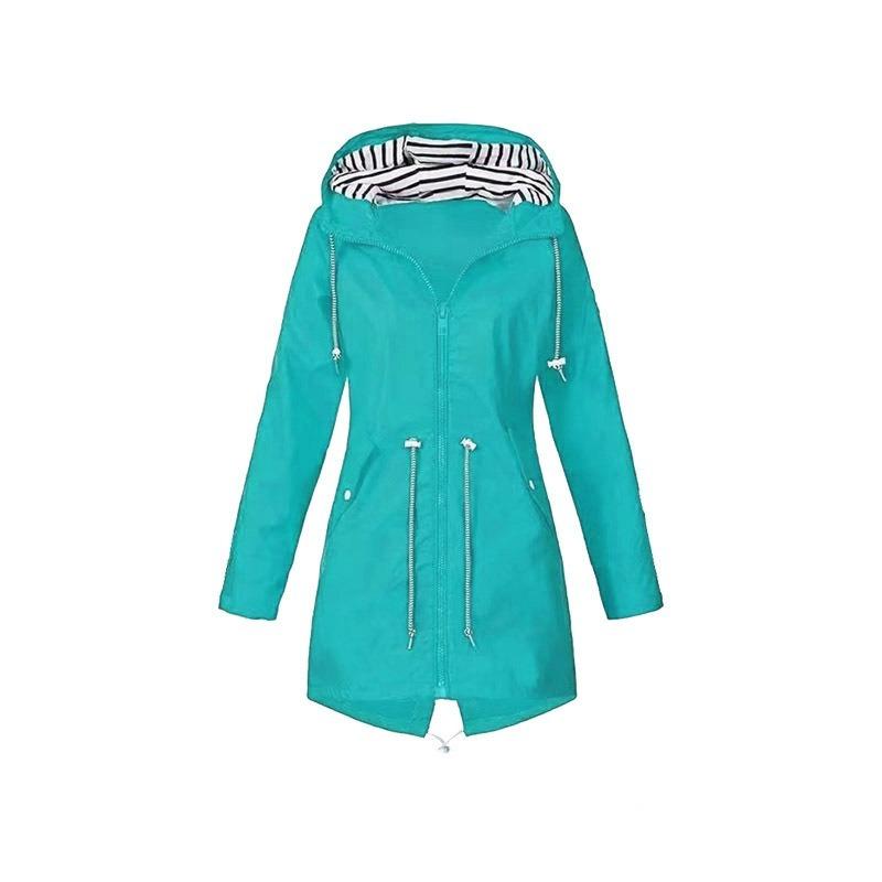 Red Waterproof Hooded Jacket Women Fashion Casual Coat Waist Drawstring Tie Zipper Switch Blue Green Yellow Black Windbreaker
