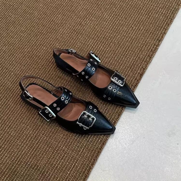 Cowhide version~ Punk hottie fried street niche single shoes women's pointed head willow nails belt buckle versatile casual bag head sandals