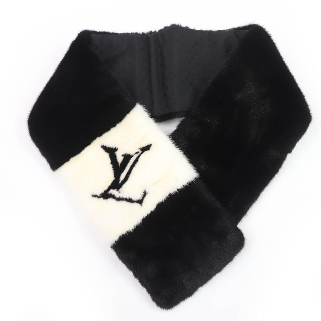 Louis Vuitton Shawl Echarpe Goglam LV Logo Black White Mink Women M77866 Used