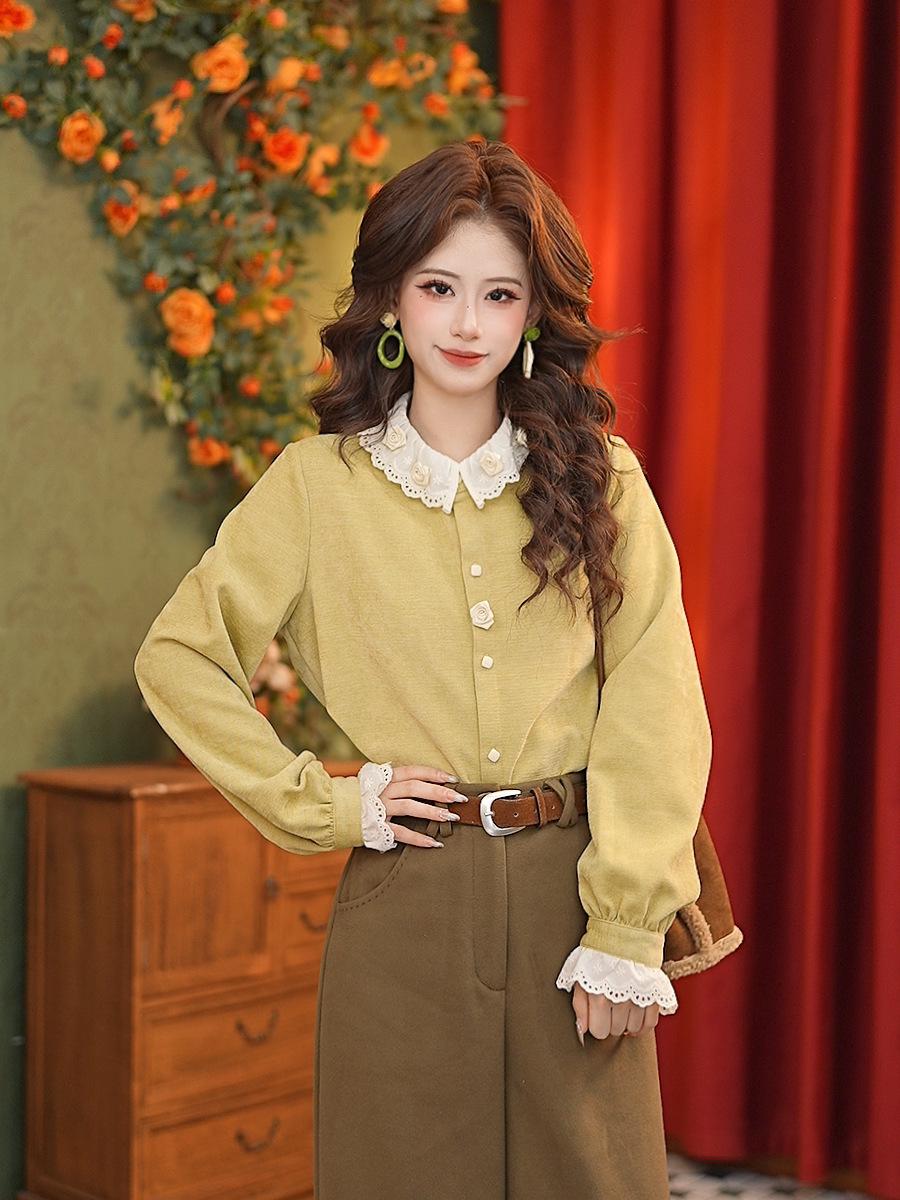 Zhang Jiayuan Women s Winter 3D Flower Lace Collar Layering Shirt G14963 Medium