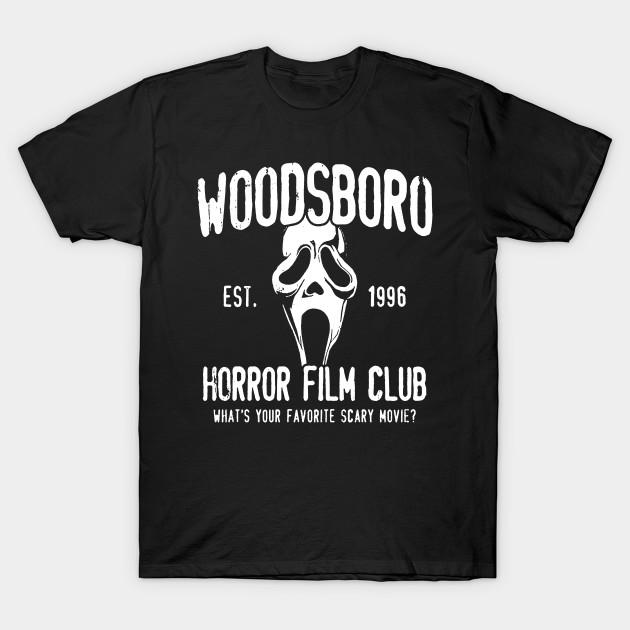 

Men Black Print T-shirt Woodsboro Horror Film Club No-Cut Transfer Paper Print Cotton Tshirt - Men s Summer Cotton Graphic Tee 5XL