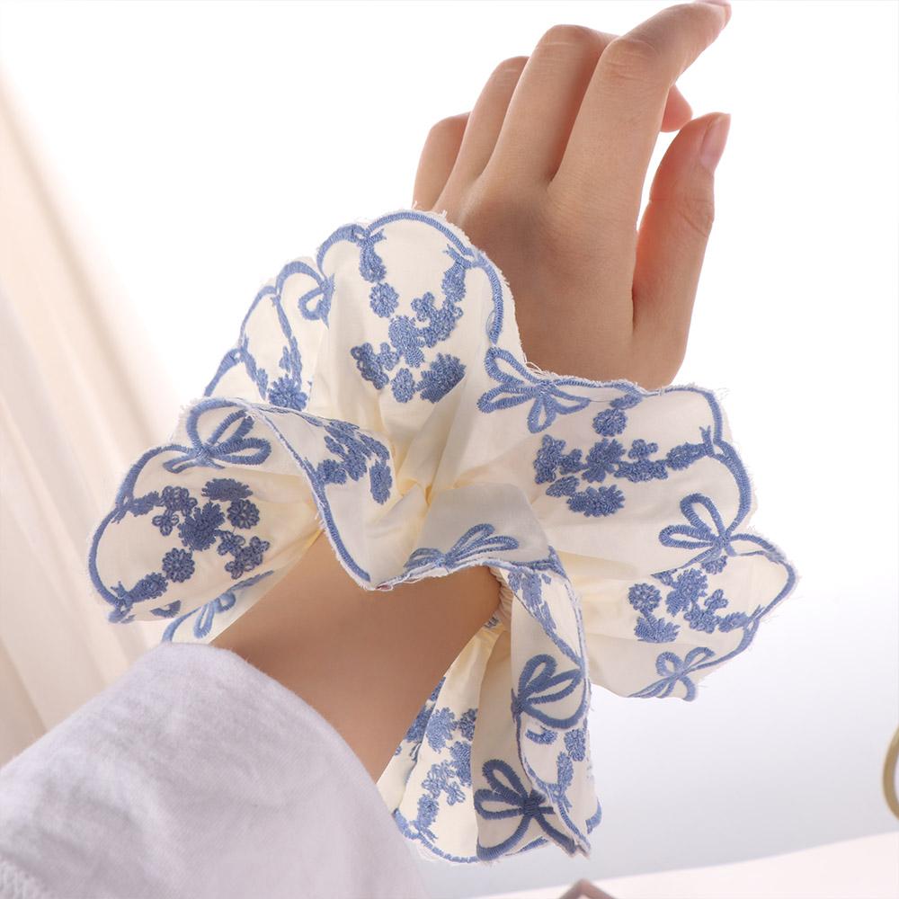 Bow Elastic Hair Bands Blue Embroidery Large Hair Scrunchies Sweet Exaggerated Hair Rope Ladies