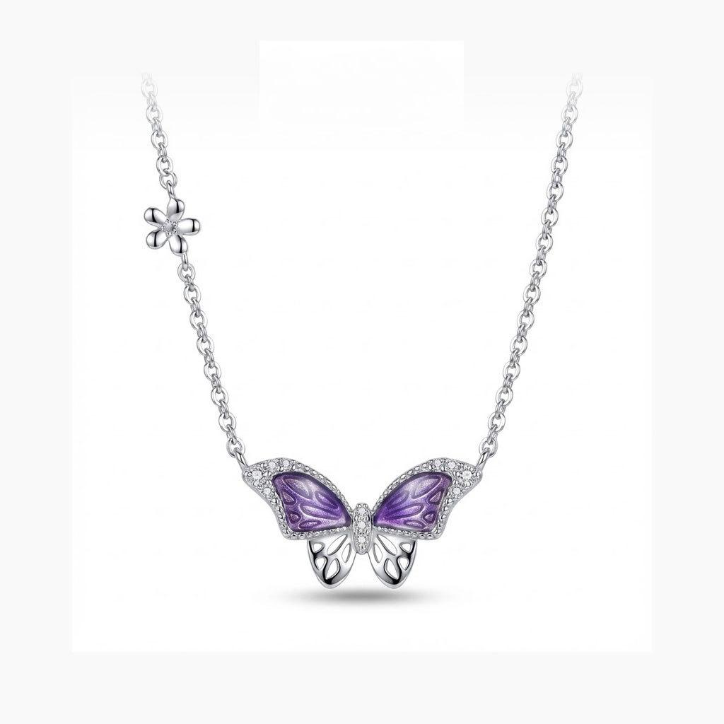 Sweet Flower Purple Butterfly Necklace Design Sense Niche Women's 925 Sterling Silver Pendant Versatile Clavicle Chain