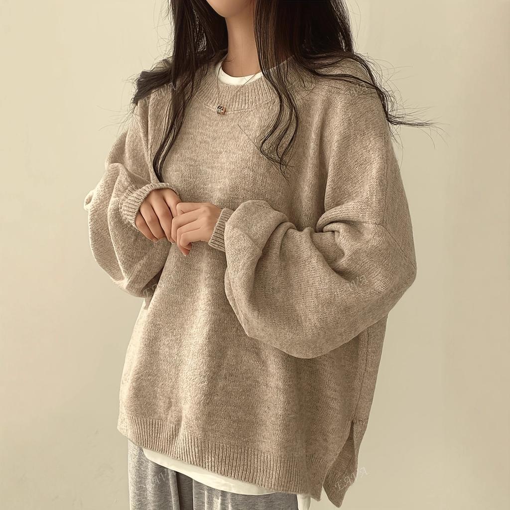 Korean Style Lazy Loose Fit Crew Neck Long Sleeve Knit Sweater For Women