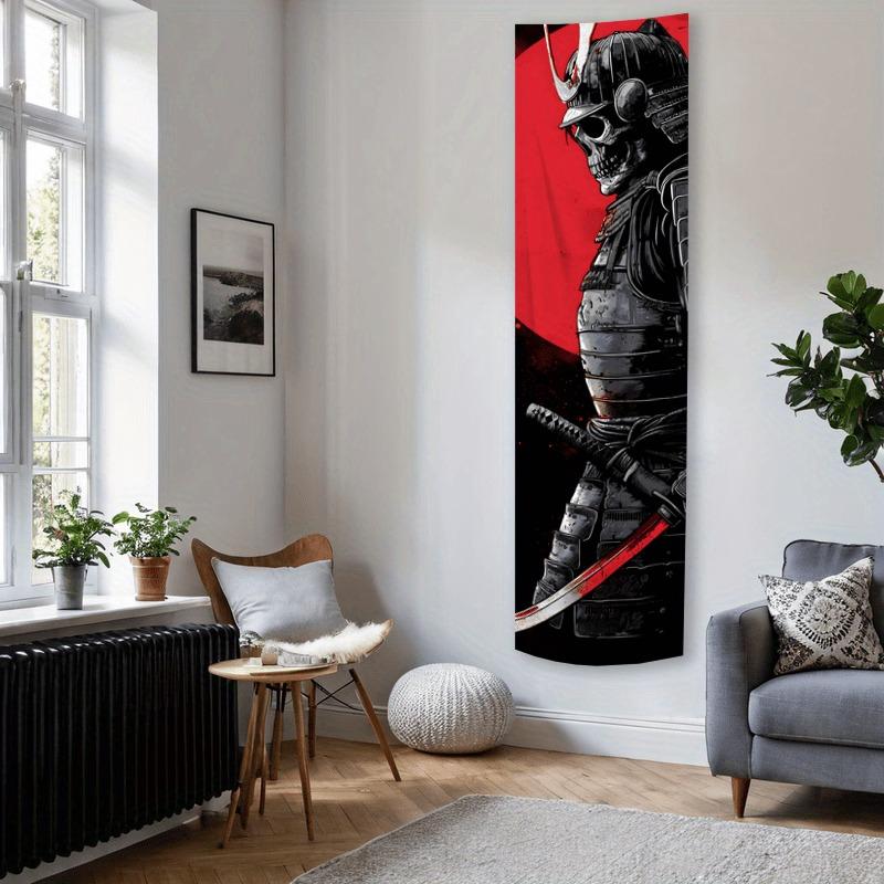 Skeleton Samurai Long Tapestry, Red Sun Black Armor Print Wall Hanging, Bushido Samurai Themed Decor For Bedroom & Living Room