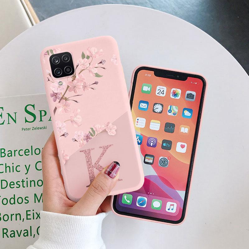 Pink Flower Case For Samsung Galaxy A12 5G M12 F12 Phone Cover Soft Silicone Initial Letter Fashion Shell Coque For Samsung A 12