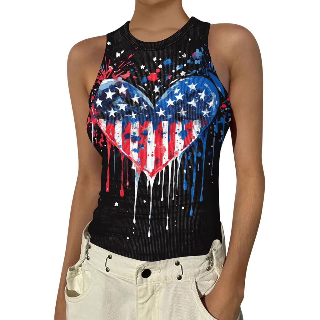 Women's Fashion Round Neck Independence Day Print Sleeveless Vest Top