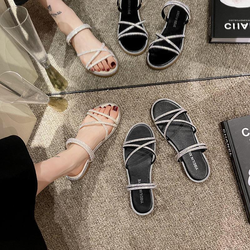 Sandals girl 2025 new women's cool slippers summer wear French fairy style flat-bottomed rhinestone sandals