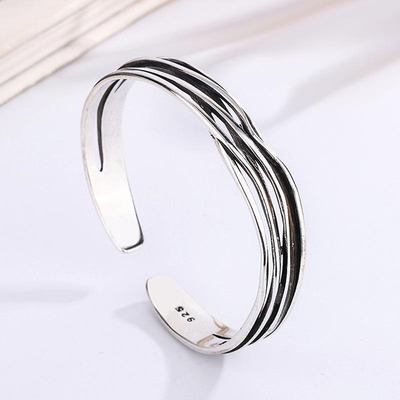 Wave Weave Personalized Minimalist Silver Punk Bracelet - Open Design Bangle