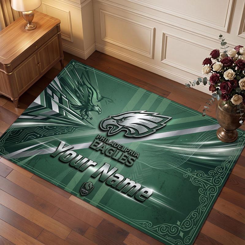 Philadelphia Eagles Personalisiertes Kristall-Samt-Teppich, Benutzerdefinierter Namens-Text Weicher Anti-Rutsch-Teppich für Wohnzimmer Schlafzimmer