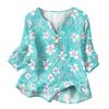 Women’s Floral Print Cotton Linen Shirt with Henley Button Neckline and Three Quarter Sleeves Casual Loose Fit Blouse Top