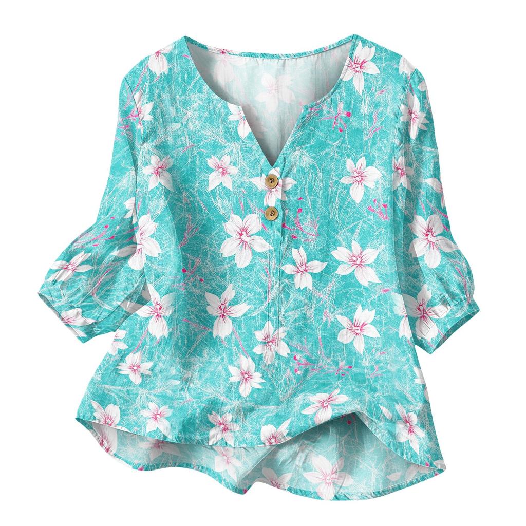 Women’s Floral Print Cotton Linen Shirt with Henley Button Neckline and Three Quarter Sleeves Casual Loose Fit Blouse Top