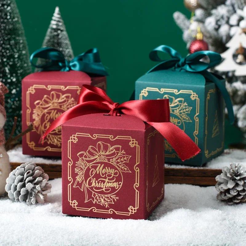 Nová vianočná krabička na jablko Krabička na darček na Štedrý večer Červená Zelená Modrá Horúca razba Vysoko kvalitná stuha Vianočná krabička na ovocie