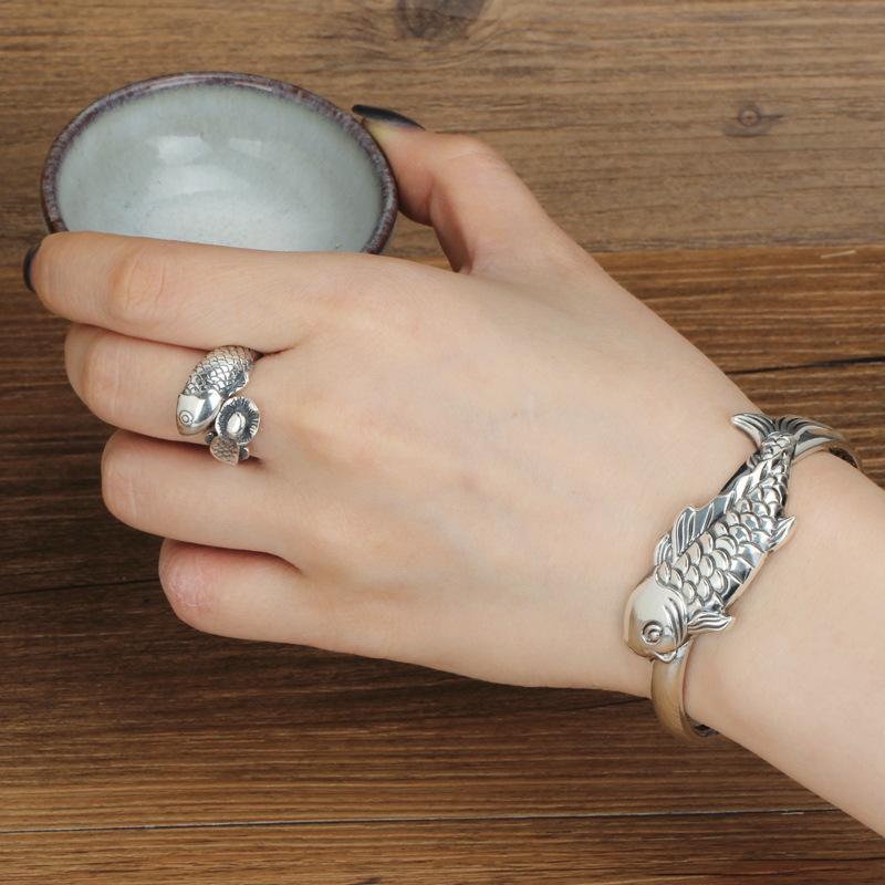 High End Bracelet Women's Lotus Fish Wide Edition Bracelet Retro Ethnic Style Open End Jewelry for Mom