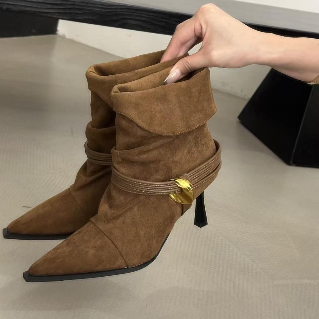 European and American Style New High-heeled Pointed-tipped Pleated Suede Piled Boots Metal Buckle Strap One-pedal Fashion Women's Boots Short Boots