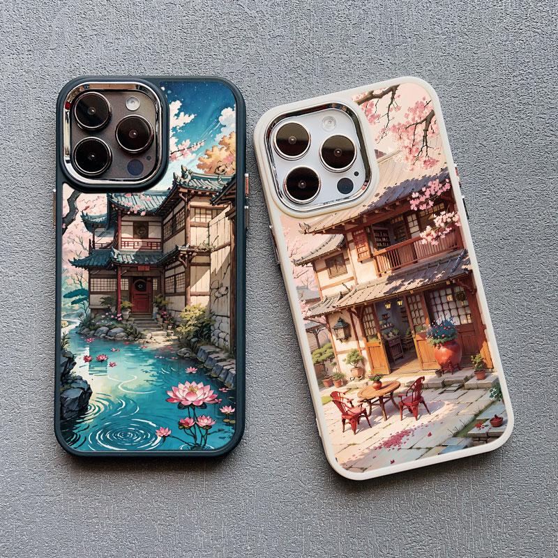 Vintage Oil Painting House Phone Case For iPhone 16 15 14 Pro Max 11 13 12 Pro MAX 7 8 Plus XR X Flower Courtyard Silicone Cover