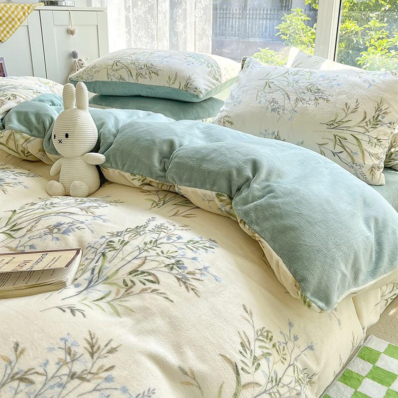 Winter Thick Warm Milk Coral Fleece Bedding Set Ins Fresh Duvet Cover Single
