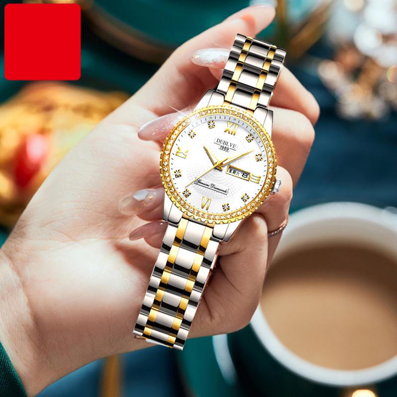Women s Luminous Diamond-Inlaid Double Calendar Waterproof Steel Watch
