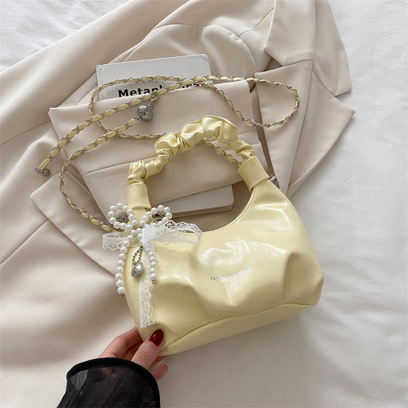 Beaded Bow Solid Color 2 New Casual Simple Design Chain Fold Work Small Carry Handbag Bag Woman