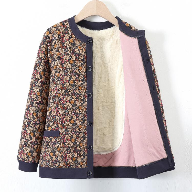 Abrigo de Algodón para Mujeres de Mediana Edad y Ancianas con Terciopelo Cálido Chaqueta de Algodón Floral para Madre para Invierno Nuevo Cárdigan Base Chaqueta de Algodón Floral Pequeño