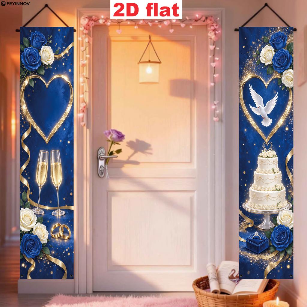 2D Flat, 2pcs FEYINNOV Wedding & Valentine's Day Banner Suitable for Both Sides of the Entrance Door - Navy Blue Golden Rose Heart Dove Decorations, L